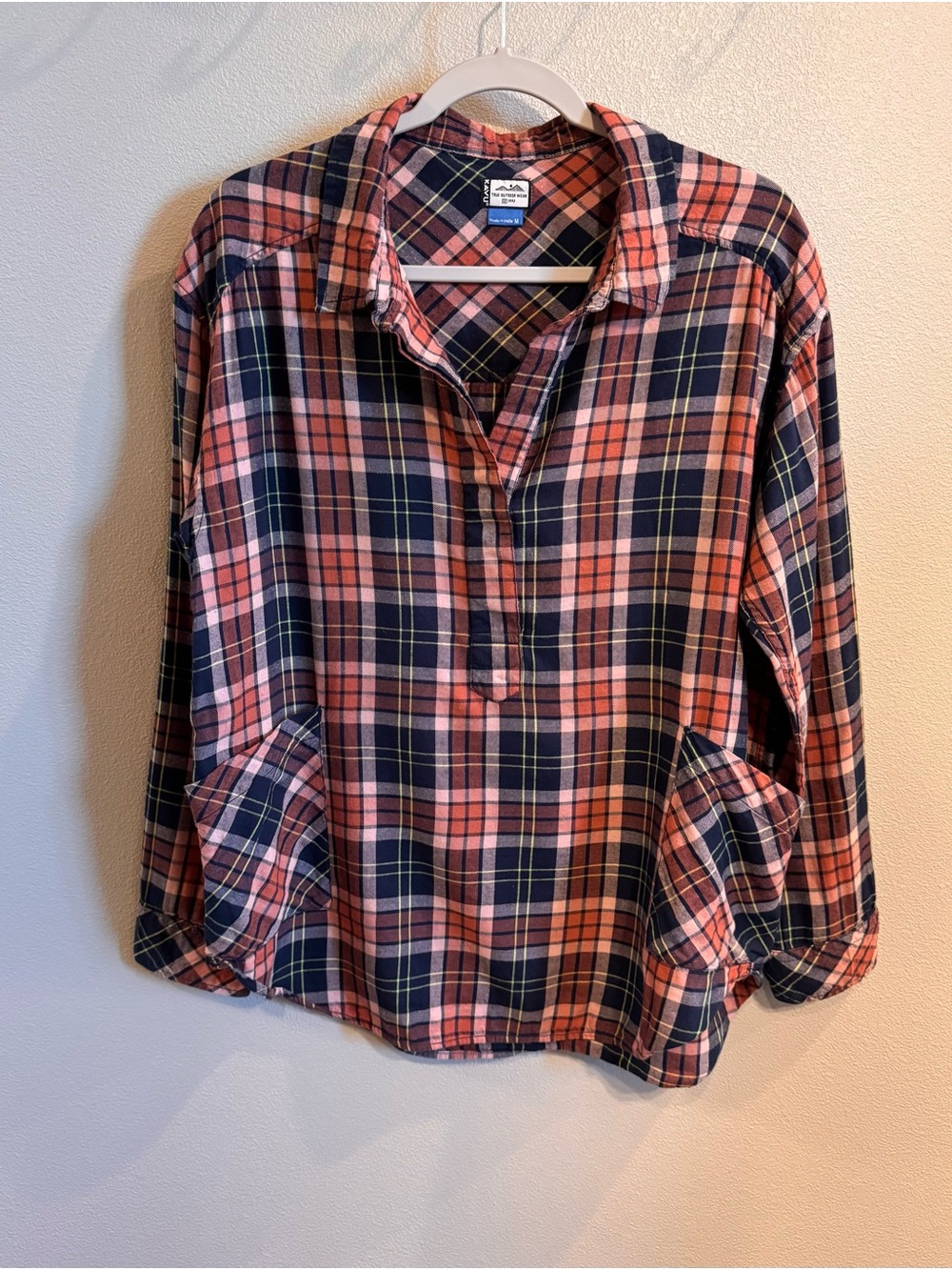 Kavu Melina Coral Pink & Navy Plaid Pullover Tunic Shirt